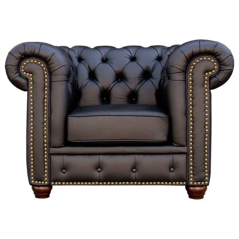 Poltrona Chesterfield com Pés Madeira Couro Preto - Gran Belo