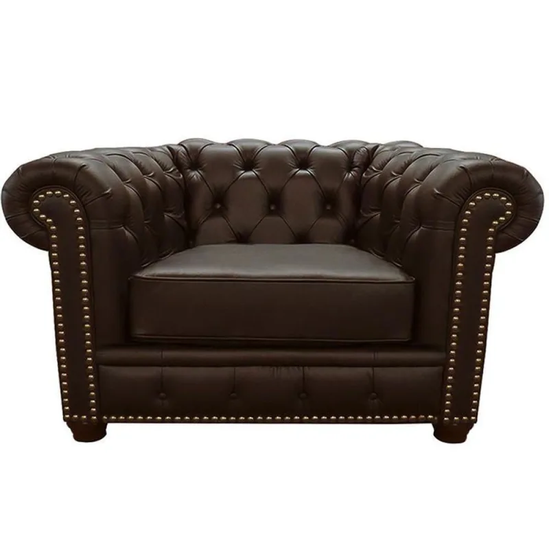Poltrona Chesterfield com Pés Madeira Couro Capucino - Gran Belo - Móveis