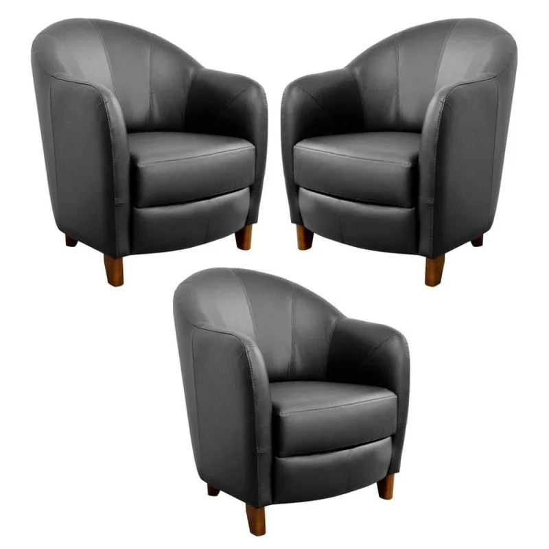 Kit 3 Poltronas Decorativas Sala de Estar Pés Madeira Kairós Couro Preto Gran Belo - Gran Belo