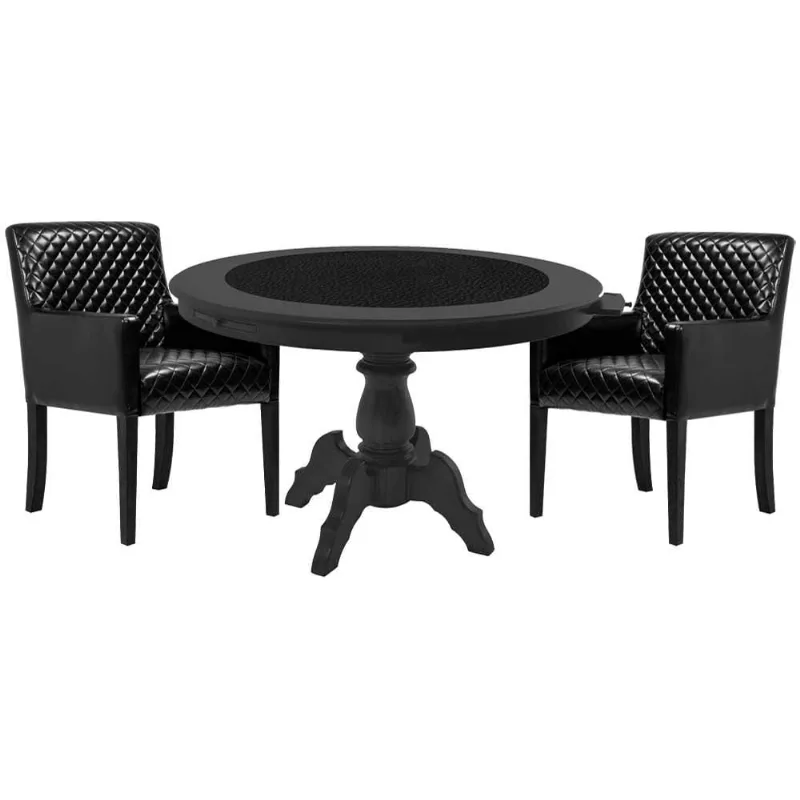 Mesa De Jogos Carteado Montreal Redonda Tampo Reversível Preto Com 2 Cadeiras Liverpool Corino Preto Matelassê - Gran Belo
