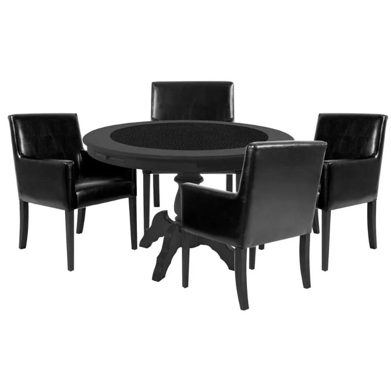 Mesa De Jogos Carteado Montreal Tampo Reversível Preto 4 Cadeiras Liverpool Pu Preto Liso - Granbelo