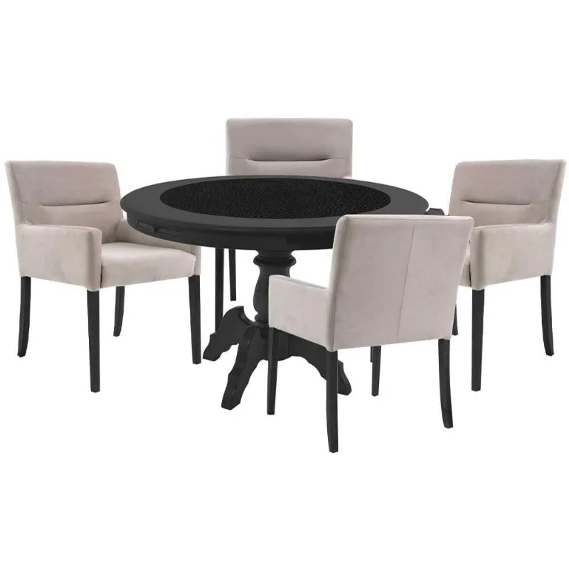 Mesa De Jogos Carteado Montreal Redonda Tampo Reversível Preto 4 Cadeiras Vicenza Nude - Gran Belo - Gran Belo