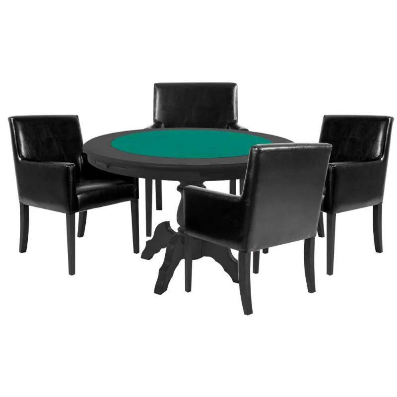 Mesa De Jogos Carteado Montreal Tampo Reversível Preto 4 Cadeiras Liverpool Pu Preto Liso - Granbelo