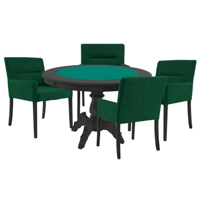 Mesa De Jogos Carteado Redonda Montreal Tampo Reversível Preto 4 Cadeiras Vicenza Verde - Gran Belo - Gran Belo