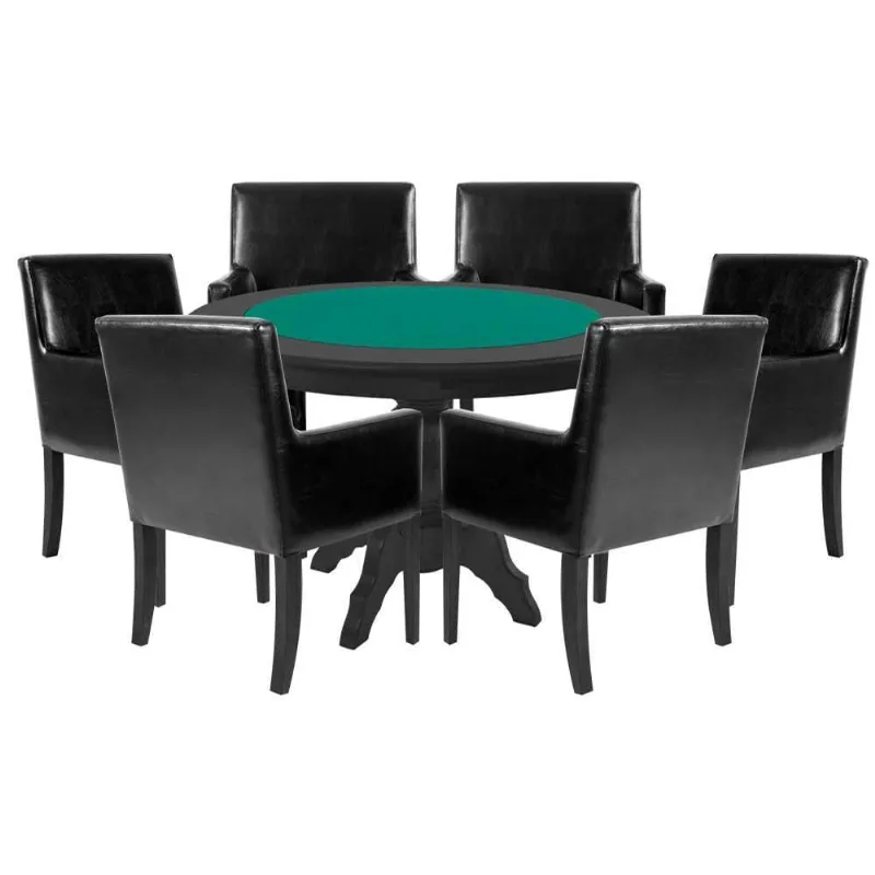 Mesa De Jogos Carteado Montreal Tampo Reversível Preto 6 Cadeiras Liverpool Pu Preto Liso - Granbelo