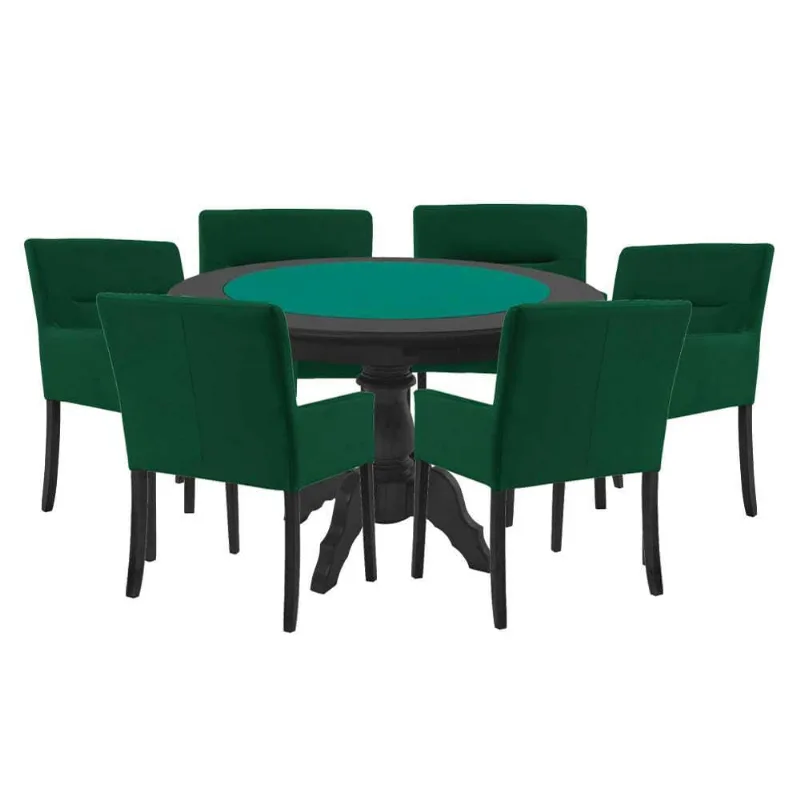 Mesa De Jogos Carteado Redonda Montreal Tampo Reversível Preto 6 Cadeiras Vicenza Verde - Gran Belo - Gran Belo