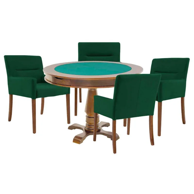 Mesa De Jogos Carteado Victoria Redonda Tampo Reversível Amêndoa 4 Cadeiras Vicenza Verde - Granbelo - Gran Belo