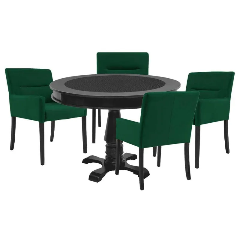 Mesa De Jogos Carteado Redonda Victoria Tampo Reversível Preto 4 Cadeiras Vicenza Verde - Gran Belo