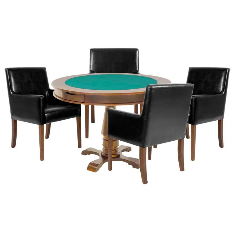 Mesa De Jogos Carteado Victoria Redonda Tampo Reversível Amêndoa Com 4 Cadeiras Liverpool Corino Preto Liso - Gran Belo