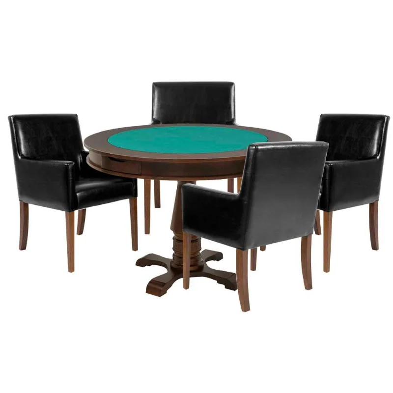 Mesa De Jogos Carteado Victoria Redonda Tampo Reversível Imbuia Com 4 Cadeiras Liverpool Corino Preto Liso - Gran Belo - Gran Belo