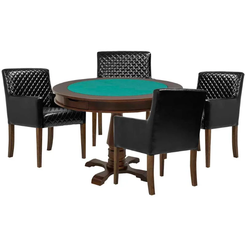 Mesa De Jogos Carteado Victoria Redonda Tampo Reversível Imbuia Com 4 Cadeiras Liverpool Corino Preto Matelassê - Gran Belo - Gran Belo