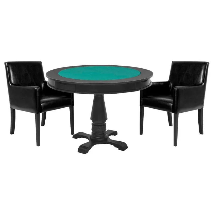 Mesa De Jogos Carteado Victoria Redonda Tampo Reversível Preto Com 2 Cadeiras Liverpool Corino Preto Liso - Gran Belo - Gran Belo