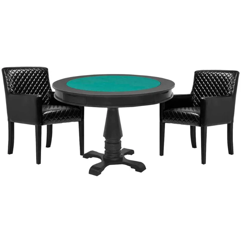 Mesa De Jogos Carteado Victoria Redonda Tampo Reversível Preto Com 2 Cadeiras Liverpool Corino Preto Matelassê - Gran Belo
