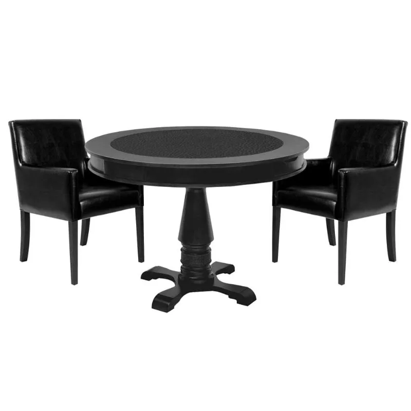 Mesa De Jogos Carteado Redonda Victoria Tampo Reversível Preto Com 2 Cadeiras Liverpool Corino Preto Liso - Gran Belo - Gran Belo