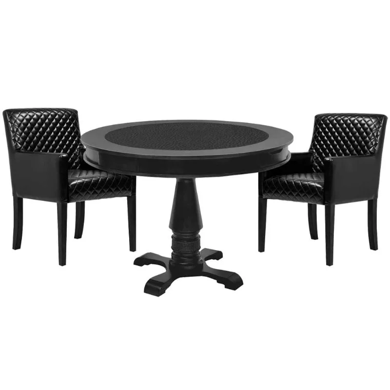 Mesa De Jogos Carteado Redonda Victoria Tampo Reversível Preto Com 2 Cadeiras Liverpool Corino Preto Matelassê - Gran Belo - Gran Belo