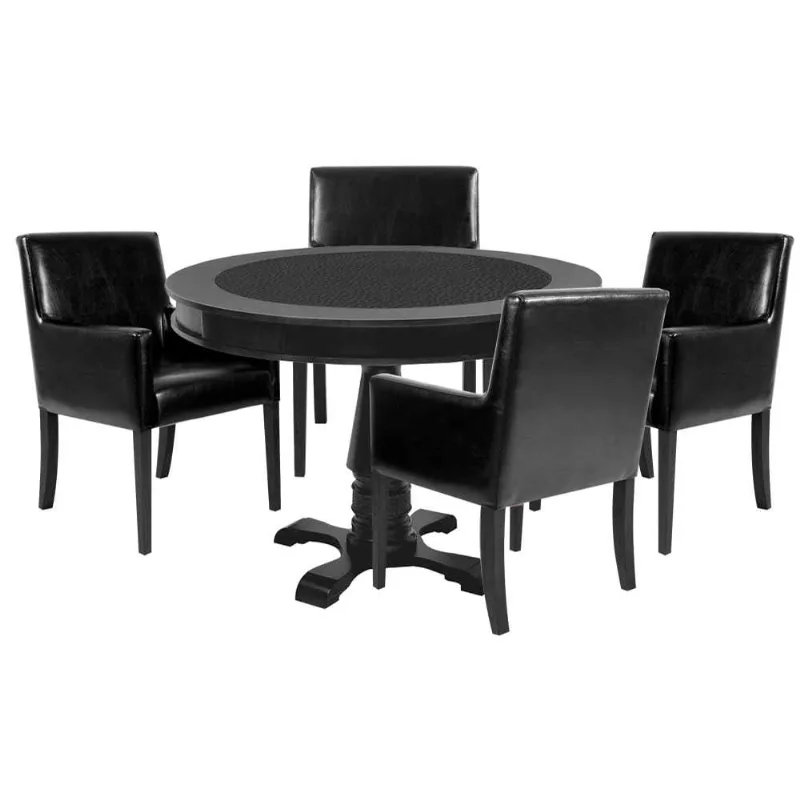 Mesa De Jogos Carteado Redonda Victoria Tampo Reversível Preto Com 4 Cadeiras Liverpool Corino Preto Liso - Gran Belo - Gran Belo