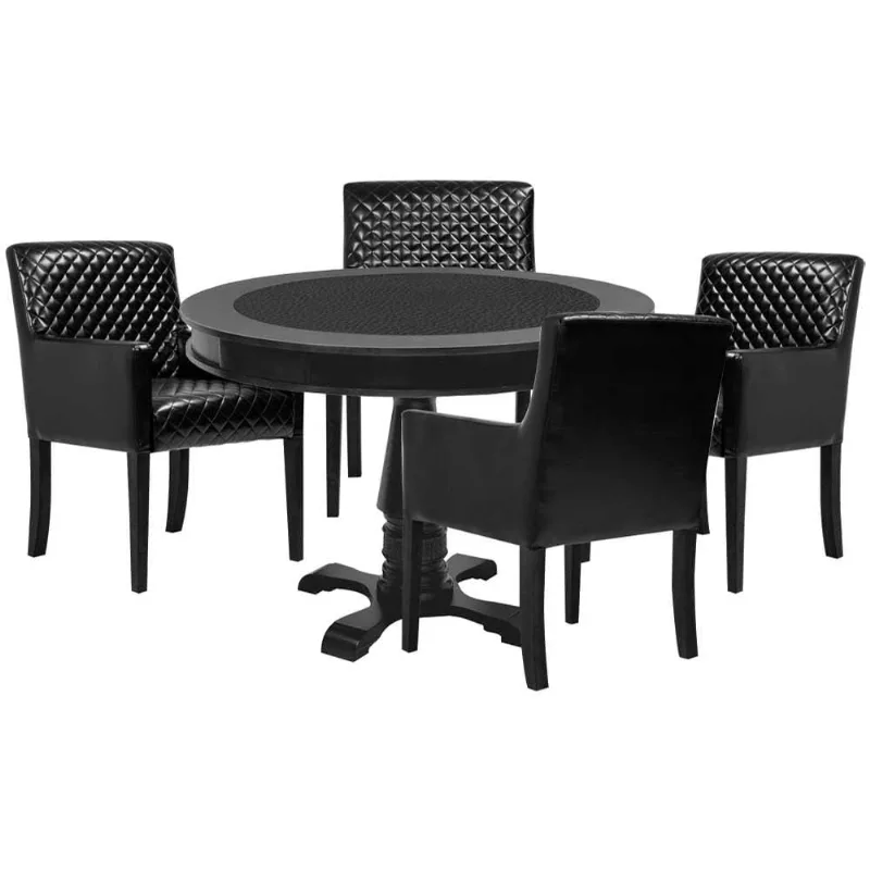 Mesa De Jogos Carteado Redonda Victoria Tampo Reversível Preto Com 4 Cadeiras Liverpool Corino Preto Matelassê - Gran Belo