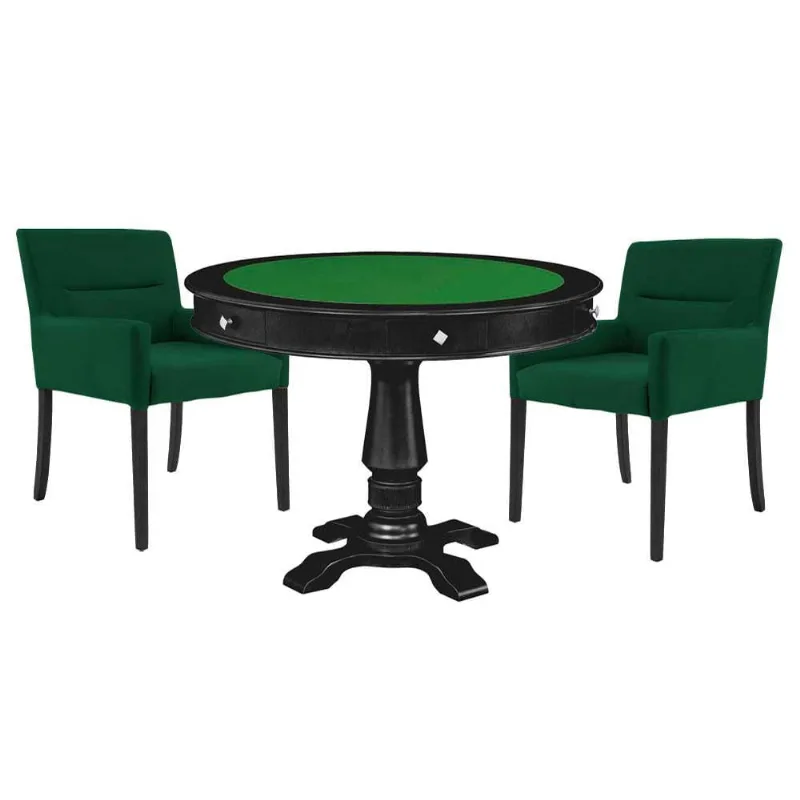 Mesa De Jogos Carteado Victoria Redonda Tampo Reversível Preto Com Kit 2 Cadeiras Vicenza Verde - Gran Belo