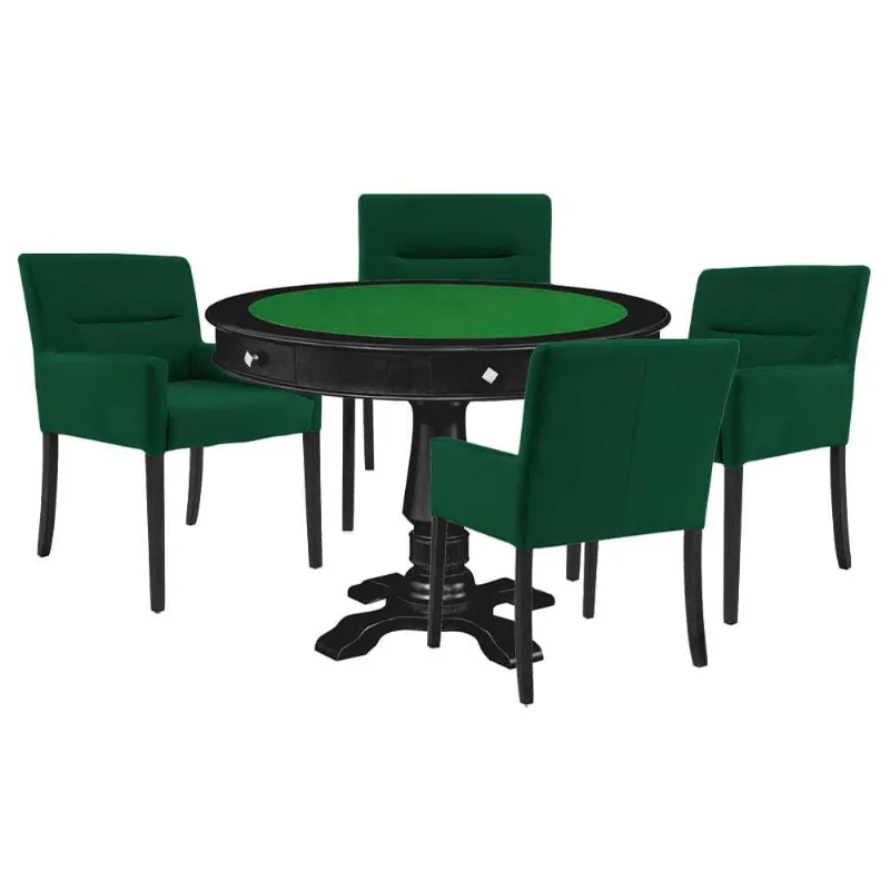 Mesa De Jogos Carteado Victoria Redonda Tampo Reversível Preto Com Kit 4 Cadeiras Vicenza Verde - Gran Belo - Gran Belo - Móveis