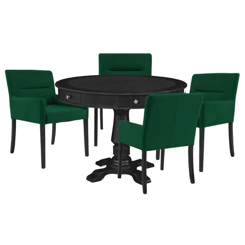 Mesa De Jogos Carteado Redonda Victoria Tampo Reversível Preto Com Kit 4 Cadeiras Vicenza Verde - Gran Belo