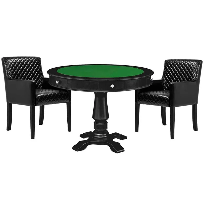 Mesa De Jogos Carteado Victoria Redonda Tampo Reversível Preto Com Kit 2 Cadeiras Liverpool Corino Preto Matelassê - Gran Belo