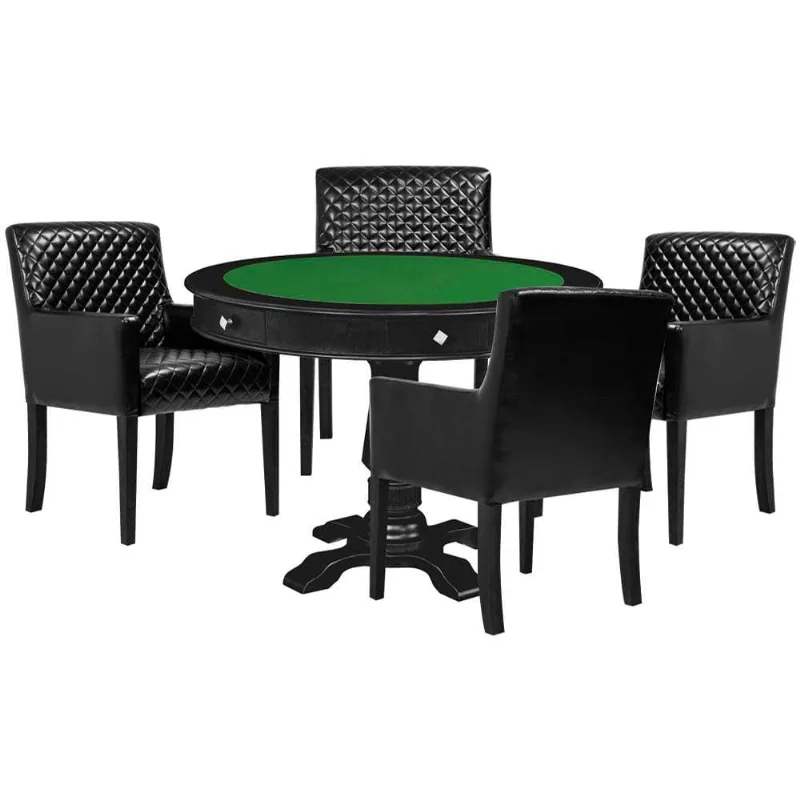 Mesa De Jogos Carteado Victoria Redonda Tampo Reversível Preto Com Kit 4 Cadeiras Liverpool Corino Preto Matelassê - Gran Belo