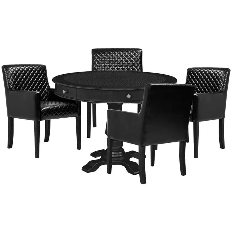 Mesa De Jogos Carteado Redonda Victoria Tampo Reversível Preto Com Kit 4 Cadeiras Liverpool Corino Preto Matelassê - Gran Belo - Gran Belo