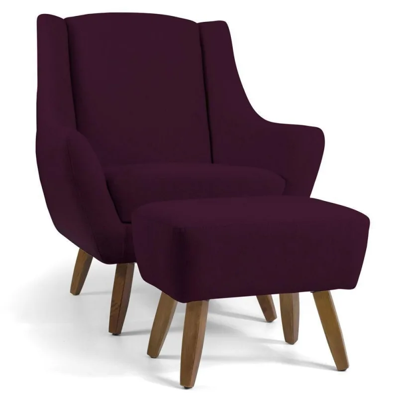 Poltrona Decorativa com Puff Naomi para Sala de Estar em Veludo Roxo Grape G15 Gran Belo - Gran Belo