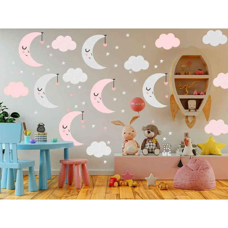 Adesivo De Parede Baby Nuvem C/ Lua Infantis Rosa