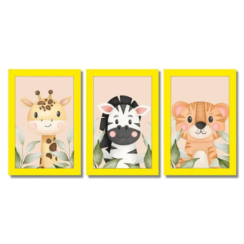 Kit Quadros Infantil Safari Aquarela 20X30 3 Peças Titulo Moldura Amarela