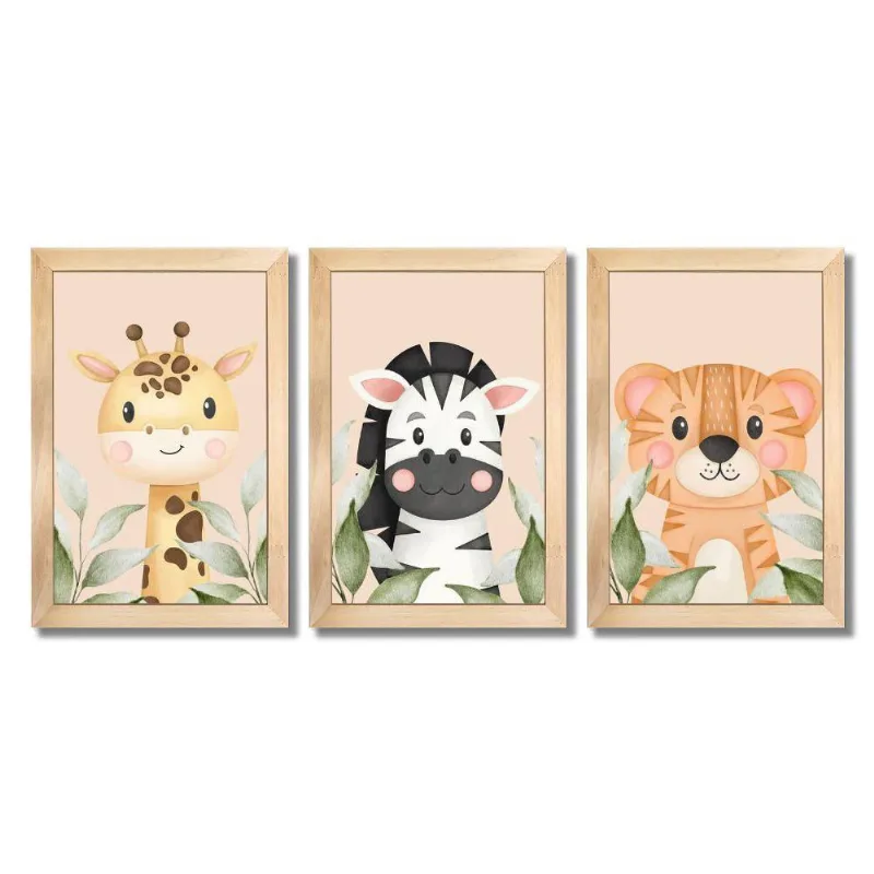 Kit Quadros Infantil Safari Aquarela 20X30 3 Peças Titulo Moldura Mel
