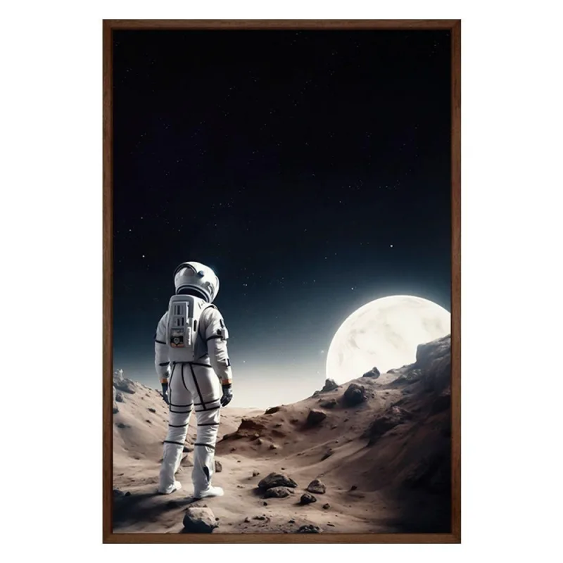 Quadro Decorativo Astronauta e Lua Retangular 40x60CM com Moldura de Madeira Marrom Arte na Arte - OUTRAS