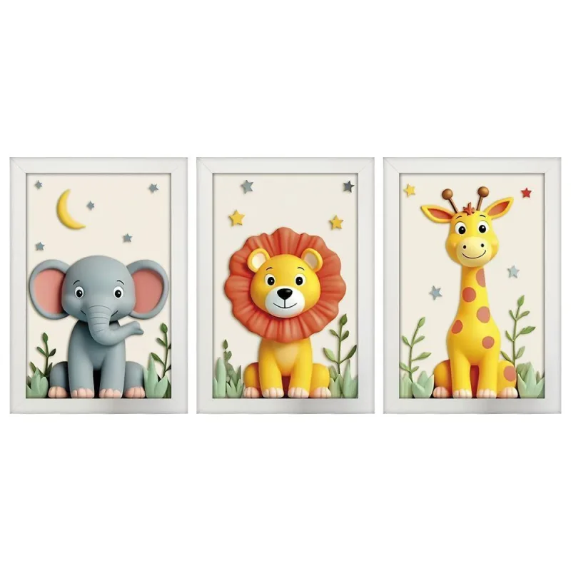 Kit de Quadros Safari Savana 3D Retangular com Moldura de Madeira Maciça Branca Arte na Arte - OUTRAS - Agro