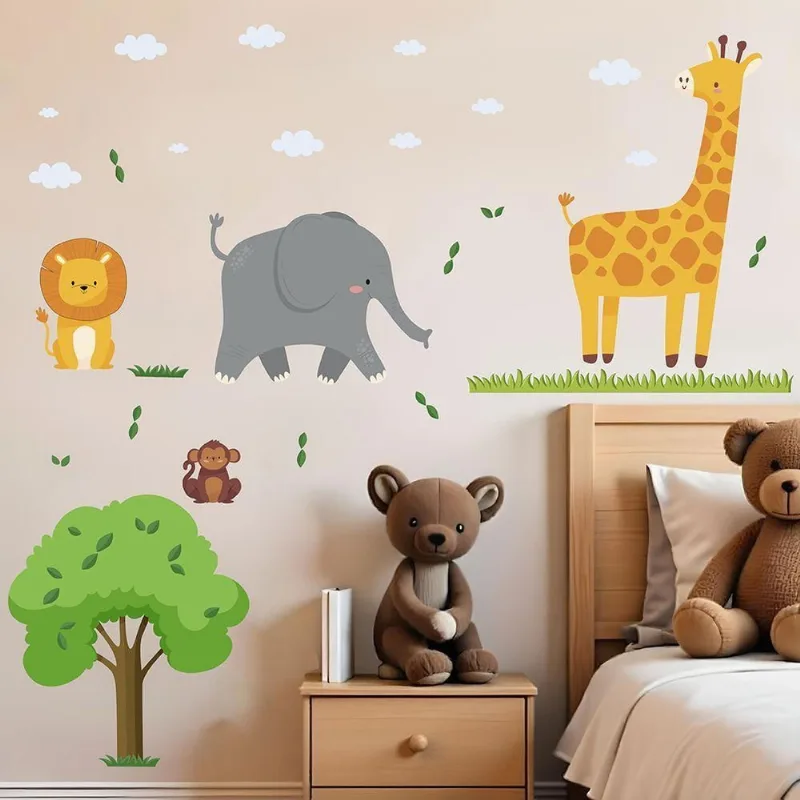 Adesivo de Parede Safari Savana com 36 Recortados Bege para Decoração Infantil e Aplicação Simples