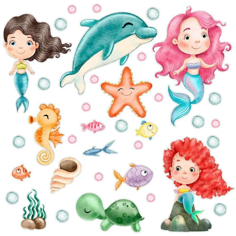 Adesivo de Parede Box Banheiro Infantil Sereias Aquarela 34 Unidades Azul Arte na Arte - OUTRAS