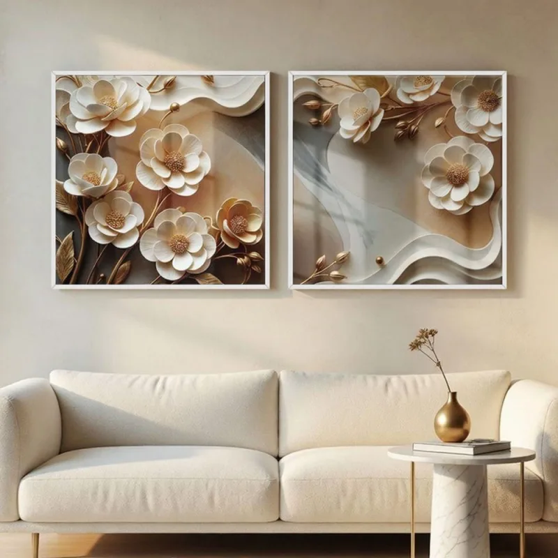 Quadro Decorativo Flores Brancas 3D Abstratas Quadrado 50x50cm com Vidro Acrílico Soleil Home Decor - OUTRAS MARCAS - Casa E Construção