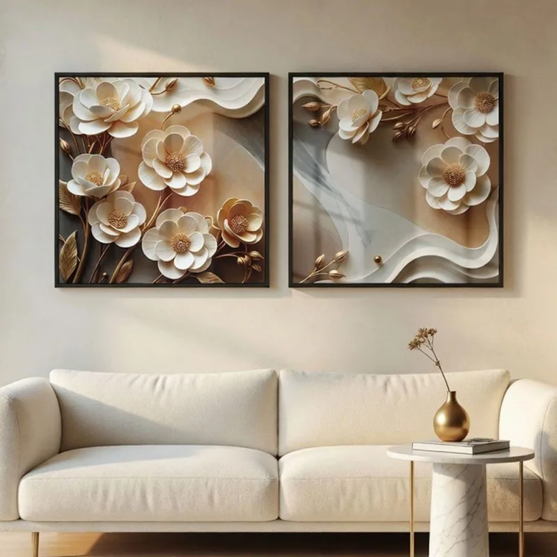 Quadro Decorativo Flores Brancas 3D Abstratas Quadrado 50x50cm com Vidro Acrílico Moldura Preta - OUTRAS MARCAS - Casa E Construção