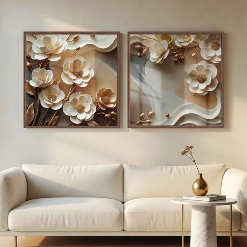 Quadro Decorativo Flores Brancas 3D Abstratas 50x50cm com Vidro Acrílico Moldura Ype Soleil Home - OUTRAS MARCAS - Casa E Construção