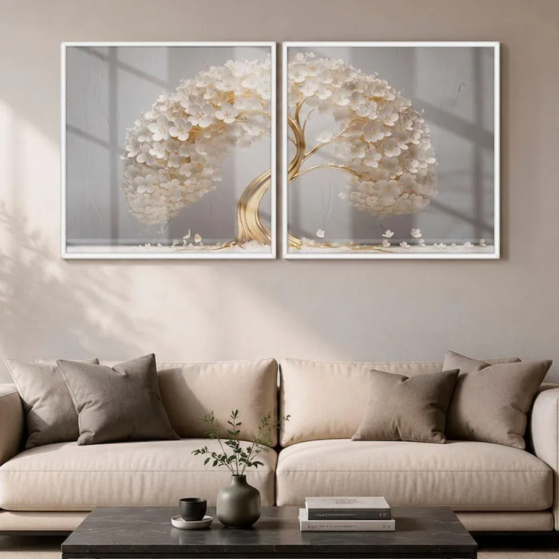 Quadro Decorativo Árvore de Ouro das Flores 50x50cm Kit 2 Peças Moldura Branca Soleil Home Decor - OUTRAS MARCAS