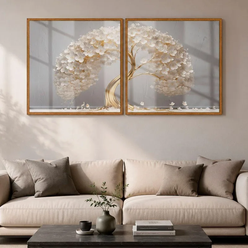 Quadro Decorativo Árvore de Ouro das Flores Brancas 90x90cm Moldura Freijo Soleil Home Decor - OUTRAS MARCAS