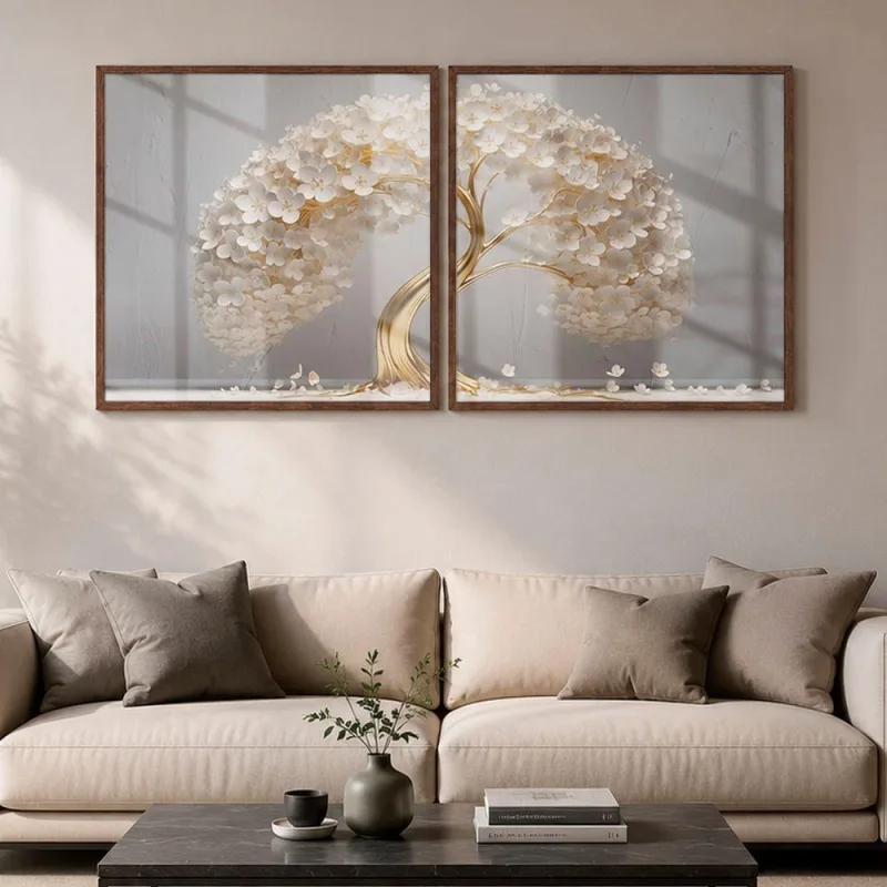 Quadro Decorativo Árvore de Ouro das Flores Brancas 90x90cm com Moldura Ype Soleil Home Decor - OUTRAS MARCAS