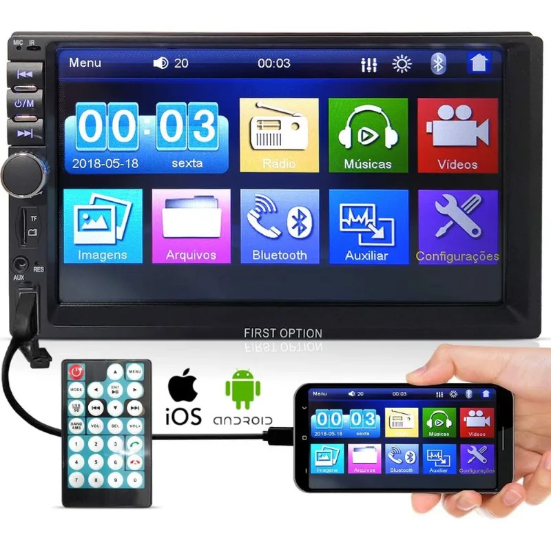 Central Multimídia Universal Mp5 Tela 7 Espelhamento Bt Usb Sd Aux Radio