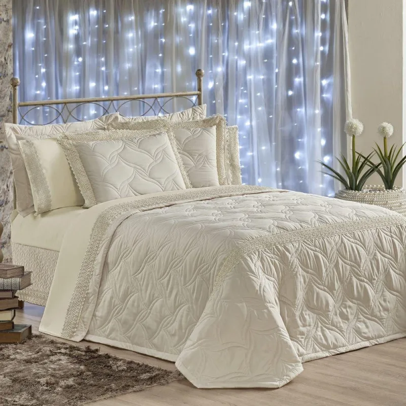 Cobre Leito Queen Matelassê e Guipir Royalle 5 Peças - Bege - A Decorativa