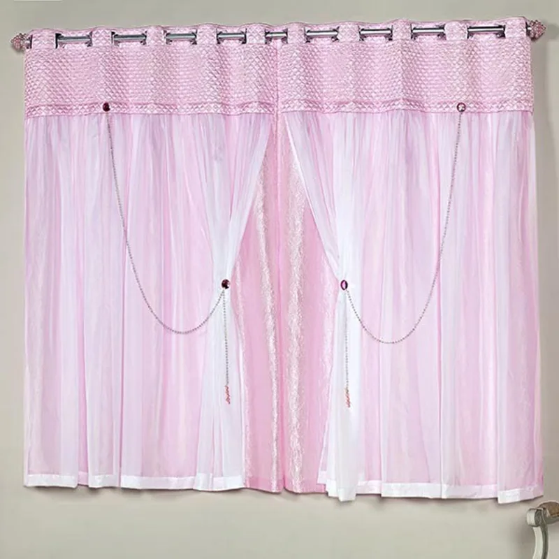 Cortina Princesinha para Varão Tecido Seda e Voal com Pingentes 2,00 x 1,70 Metros - Rosa