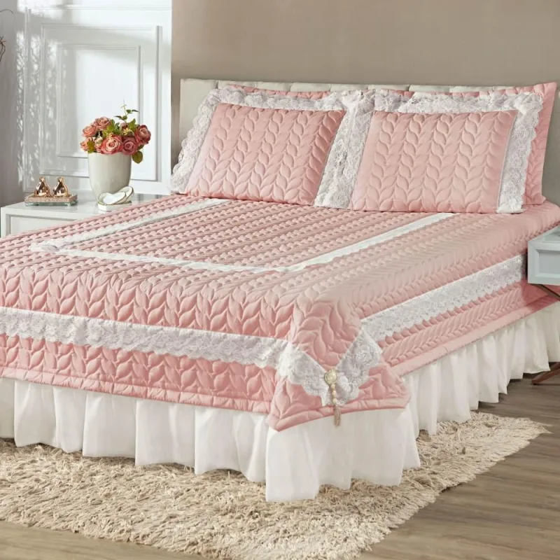 Colcha Queen Romantica Micropercal 200 Fios 5 Peças - Rosê - A Decorativa