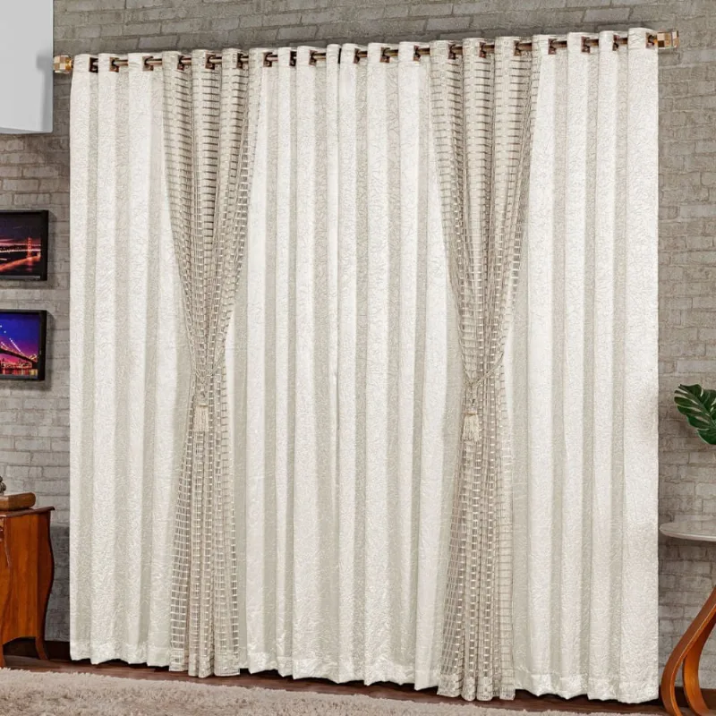Cortina para Sala Super Luxo Xale Brilhante Forro Cetim Amassado Onix 2,0m x 1,70m Palha