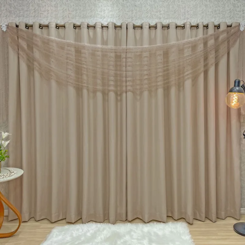 Cortina com Bandô Pérolas Forro 200 Fios Elegance 3,00m x 2,50m Bege com Bronze