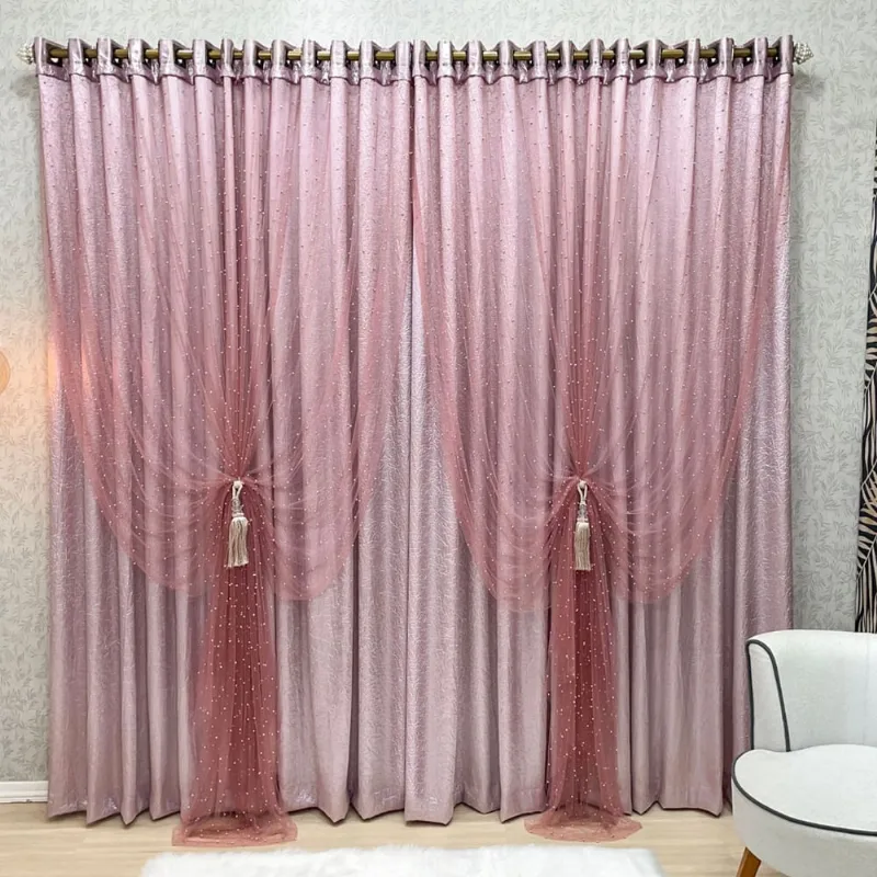 Cortina com Voil de Pérolas Cetim Amassado Monalisa 3,00m x 2,50m Rosê