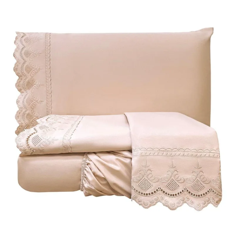 Jogo de Lençol Queen Lauren  Percal 300 Fios Bordado Inglês  4 Peças - Rose - 100% Poliéster - Casa Modelo Enxovais - Cama, Mesa E Banho
