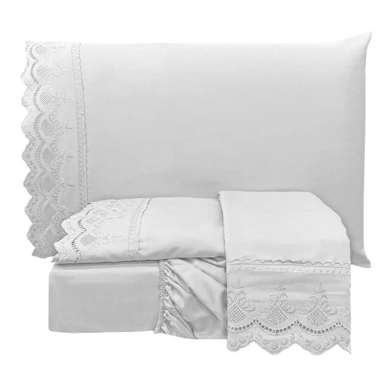 Jogo de Lençol Queen Lauren  Percal 300 Fios Bordado Inglês 4 Peças - Branco - 100% Poliéster - Casa Modelo Enxovais - Cama, Mesa E Banho